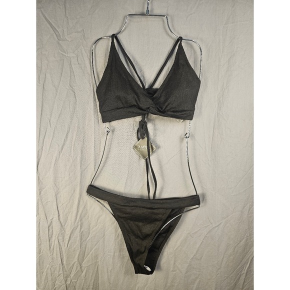 Zaful Other - Zaful Womens Ribbed Wrap Triangle Bikini Set Black High Leg Thong Size 6 NEW